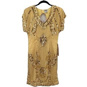 NWT VTG Mark & John by Gopal SILK Gold Sequin Beaded Dress HANDMADE Small
